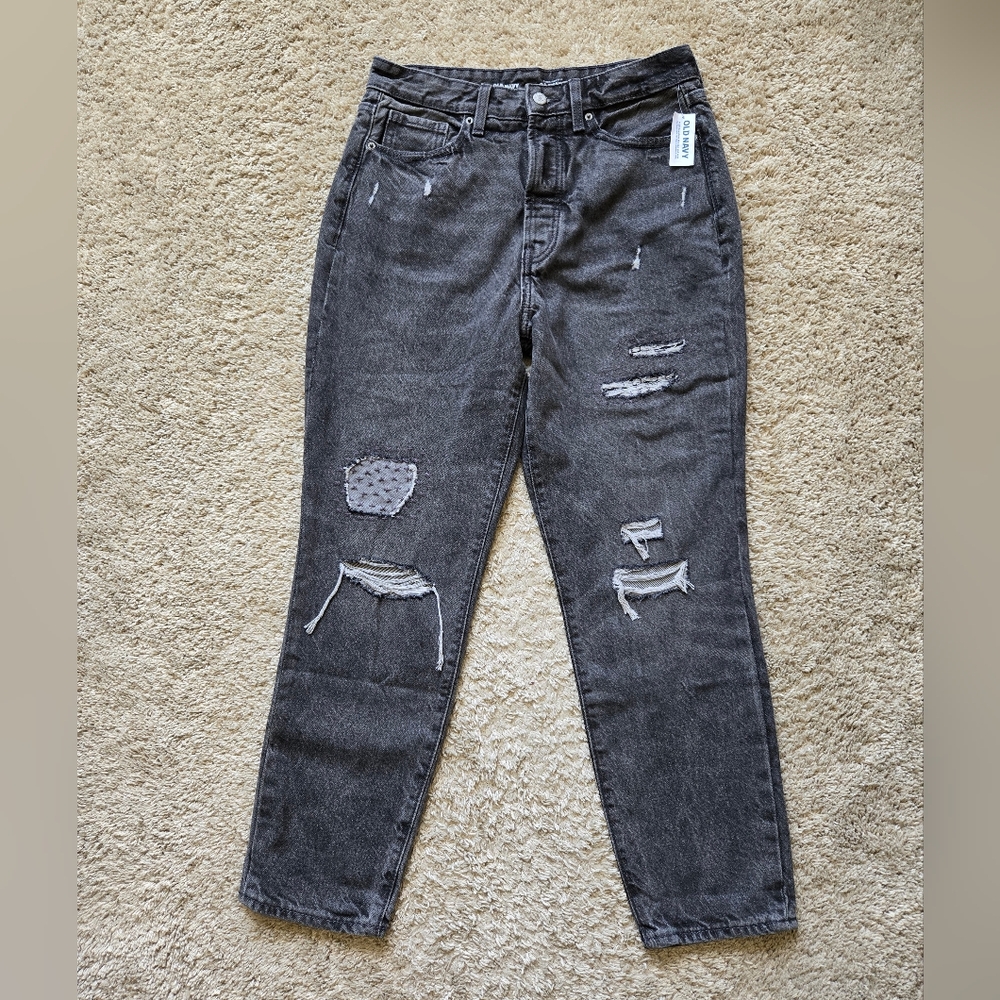 Old Navy o.g straight jeans gray extra high rise distressed buttonfly wo…